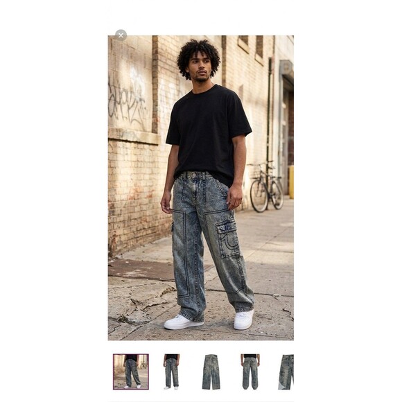 NEW True Religion Big T Cargo Pants Y2K Men 31x34 Acid Wash Denim Baggy Loose